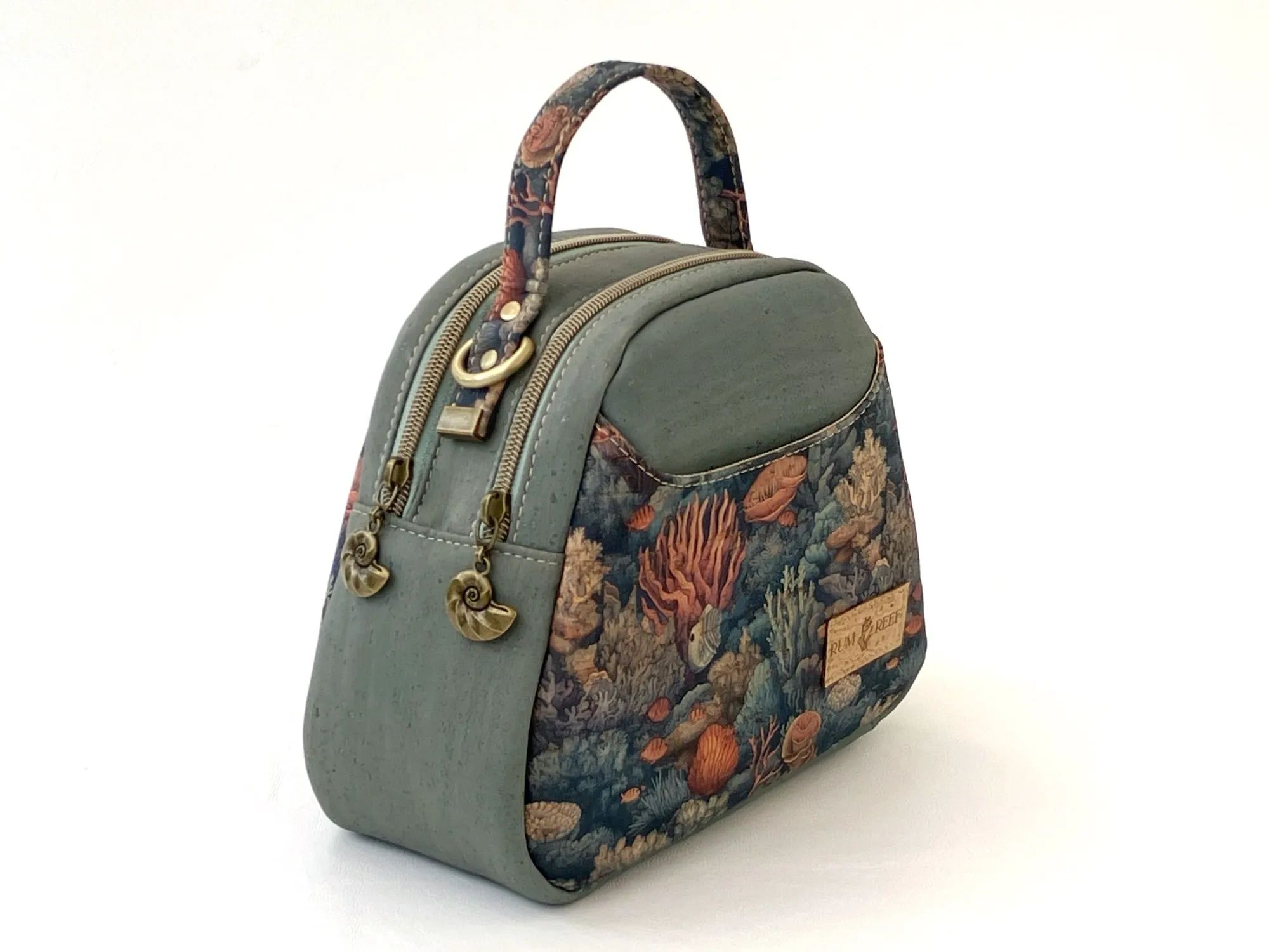 Mini Dual Compartment Cork Bowler Bag in Gray-Blue with Coral Reef Print
