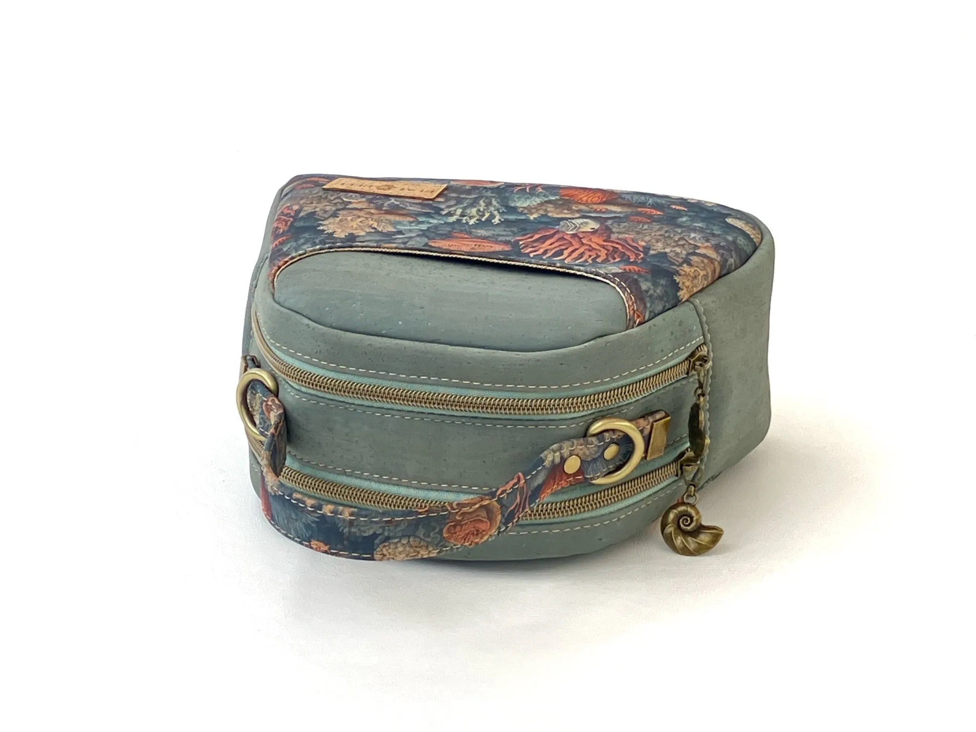 Mini Dual Compartment Cork Bowler Bag in Gray-Blue with Coral Reef Print