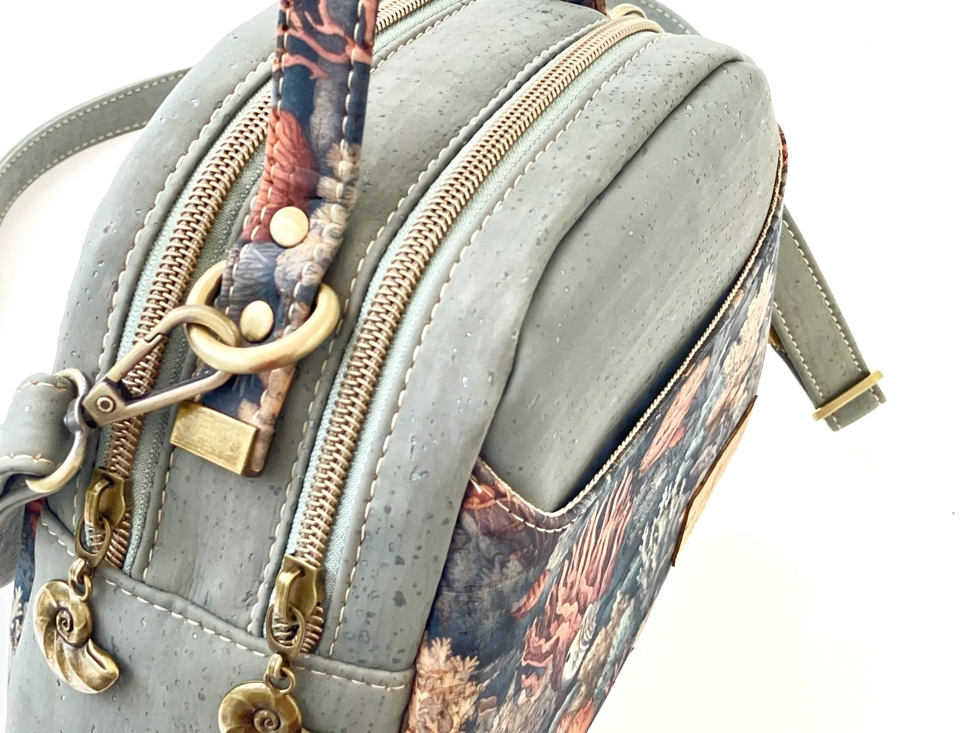 Mini Dual Compartment Cork Bowler Bag in Gray-Blue with Coral Reef Print