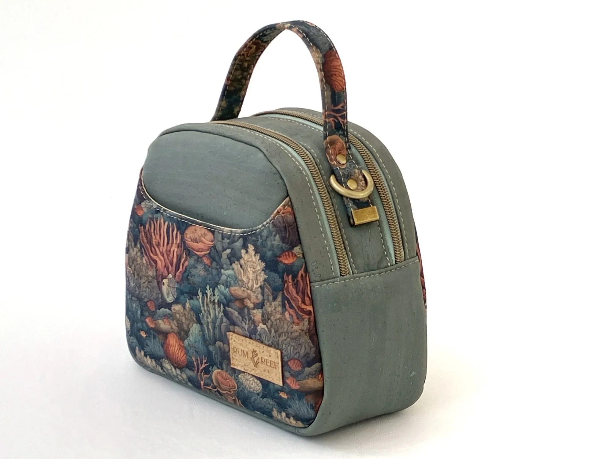 Mini Dual Compartment Cork Bowler Bag in Gray-Blue with Coral Reef Print
