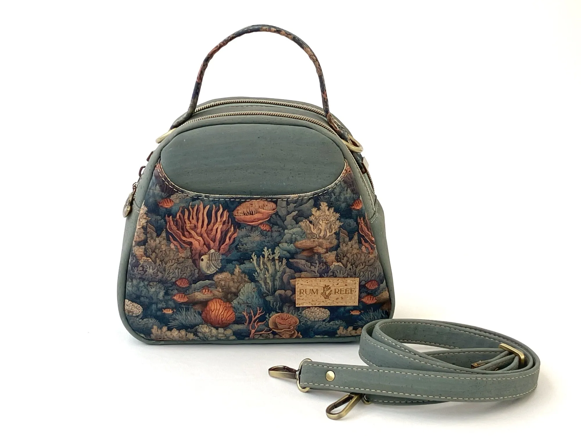 Mini Dual Compartment Cork Bowler Bag in Gray-Blue with Coral Reef Print