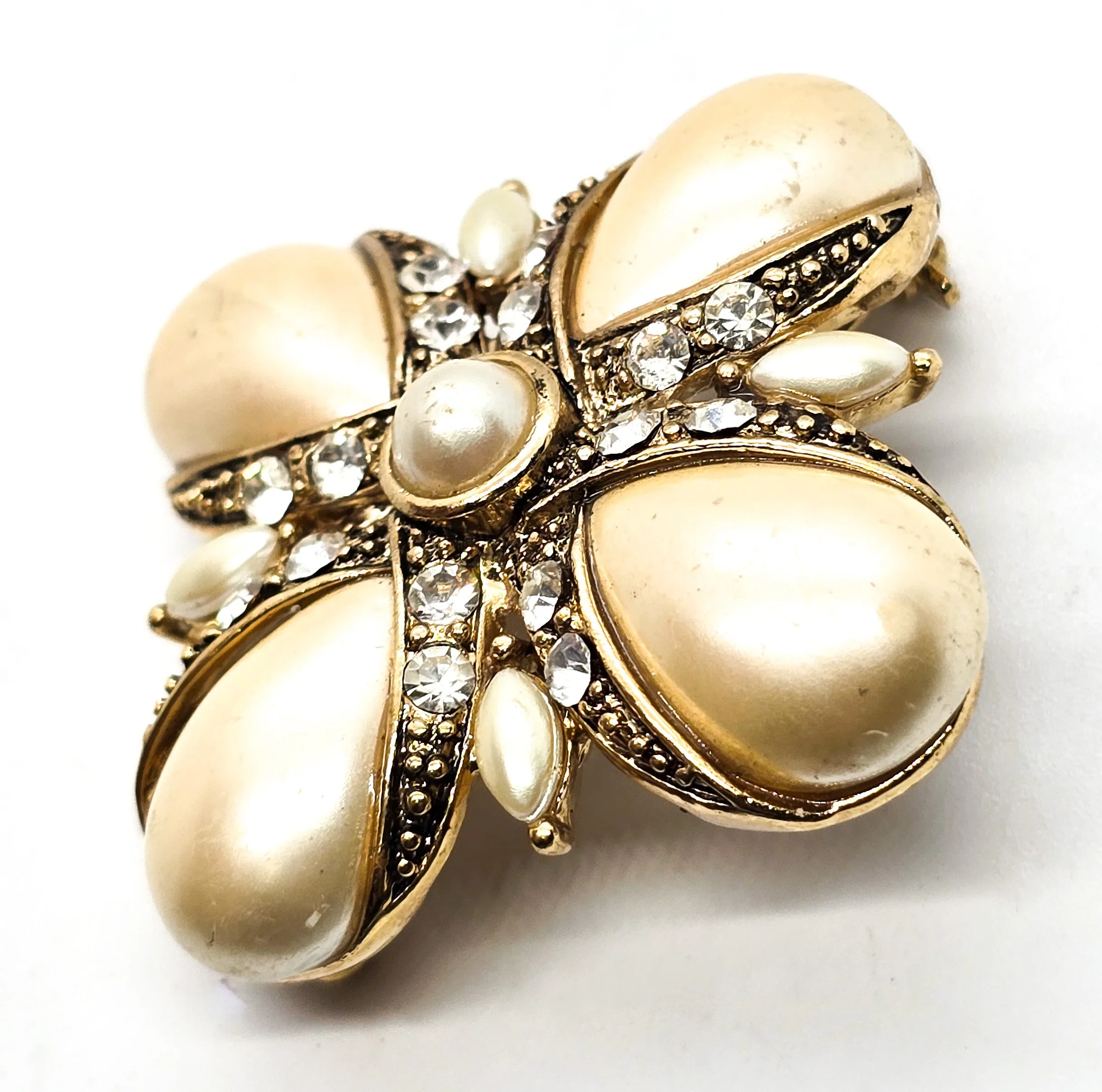 Monet Maltese cross faux pearl and rhinestone signed gold toned brooch