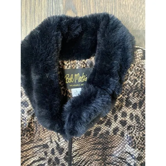NEW~ Bob Mackie Leopard Print Faux Leather Vest with Faux Fur Trim~L