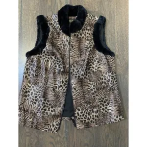 NEW~ Bob Mackie Leopard Print Faux Leather Vest with Faux Fur Trim~L