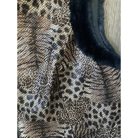 NEW~ Bob Mackie Leopard Print Faux Leather Vest with Faux Fur Trim~L