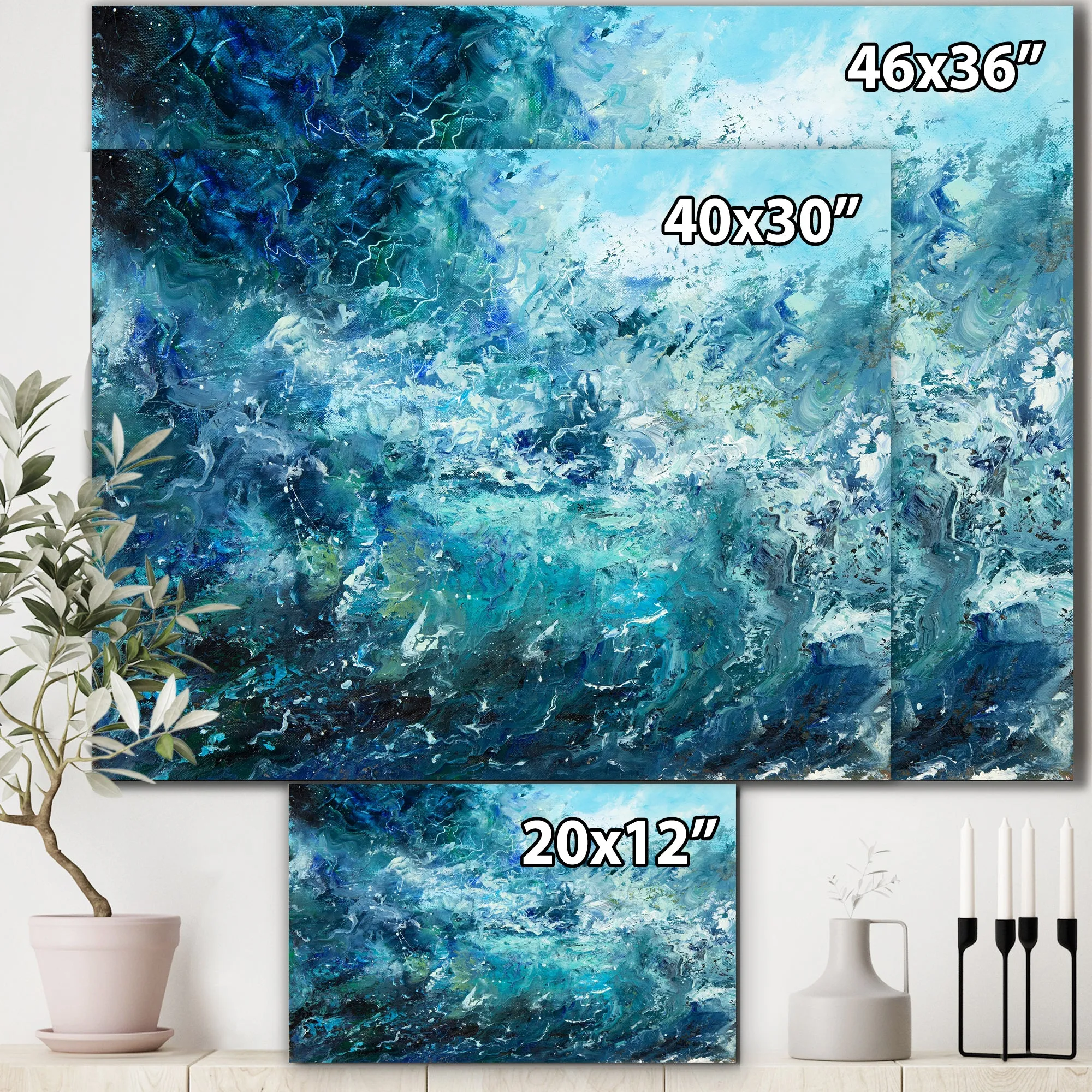 New Designart 'Wild Blue Ocean Waves V' Nautical & Coastal Canvas Wall Art Print - 20 In. wide X 12 In. high