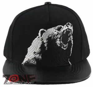 NEW! FLAT BILL FRONT FAUX LEATHER BEAR SNAPBACK CAP HAT BLACK