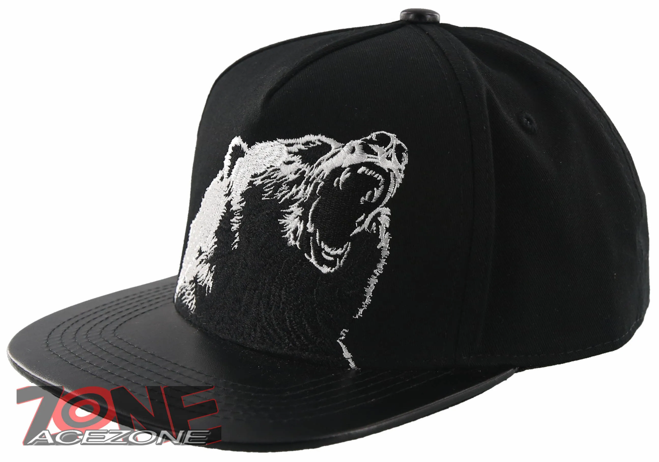 NEW! FLAT BILL FRONT FAUX LEATHER BEAR SNAPBACK CAP HAT BLACK