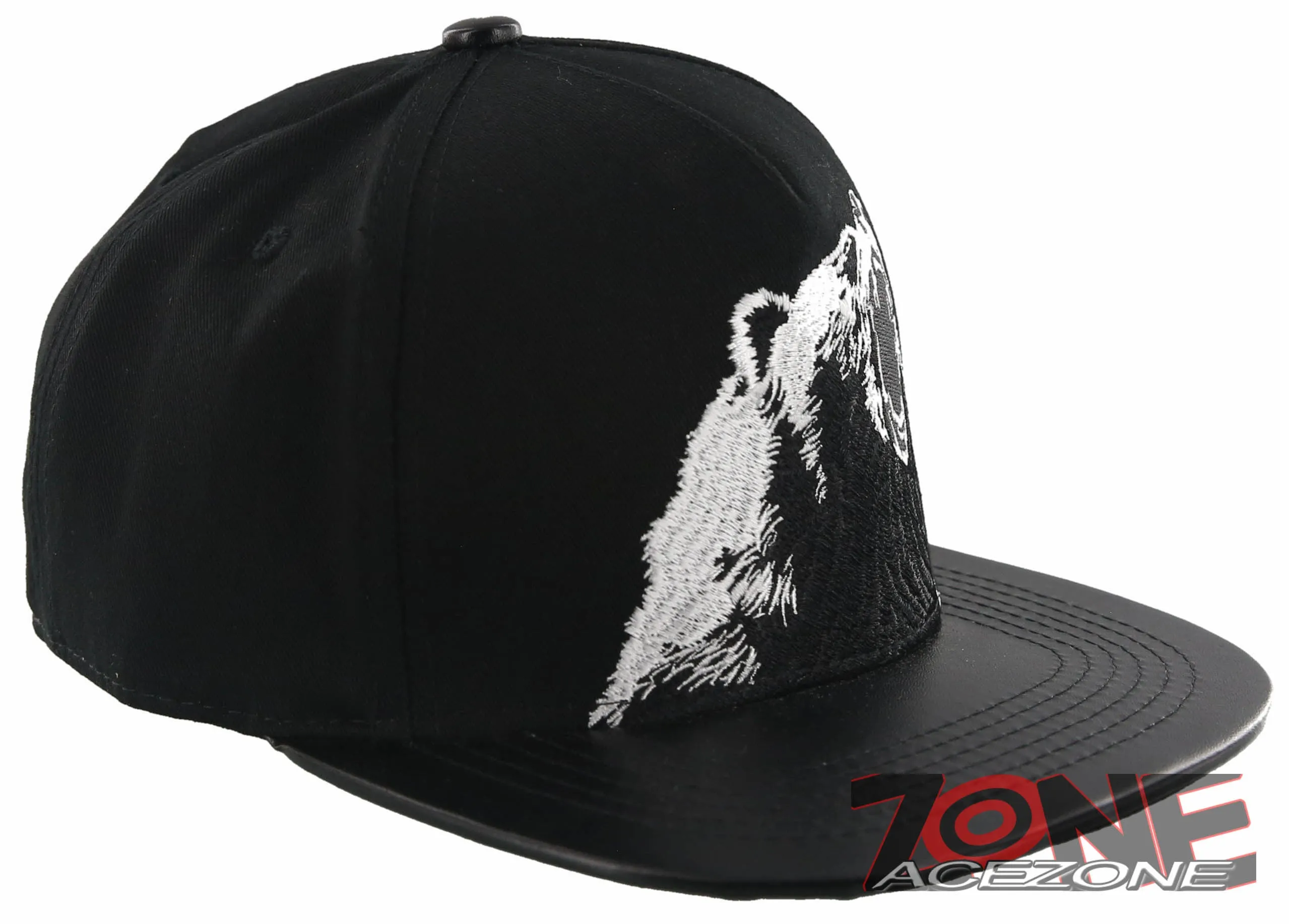 NEW! FLAT BILL FRONT FAUX LEATHER BEAR SNAPBACK CAP HAT BLACK