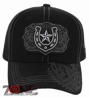NEW! RODEO HORSE SHOE STAR MESH TRUCKER SNAPBACK BASEBALL CAP HAT BLACK