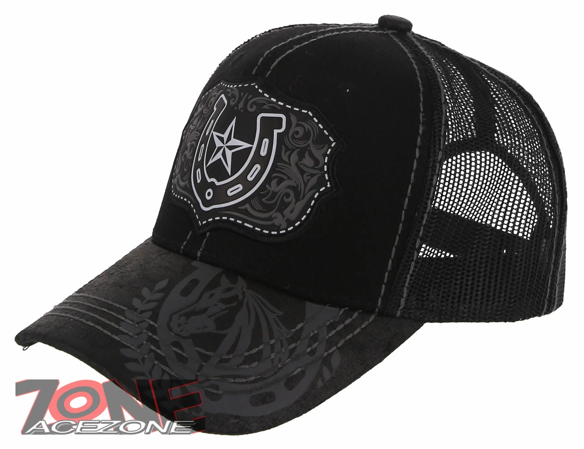 NEW! RODEO HORSE SHOE STAR MESH TRUCKER SNAPBACK BASEBALL CAP HAT BLACK