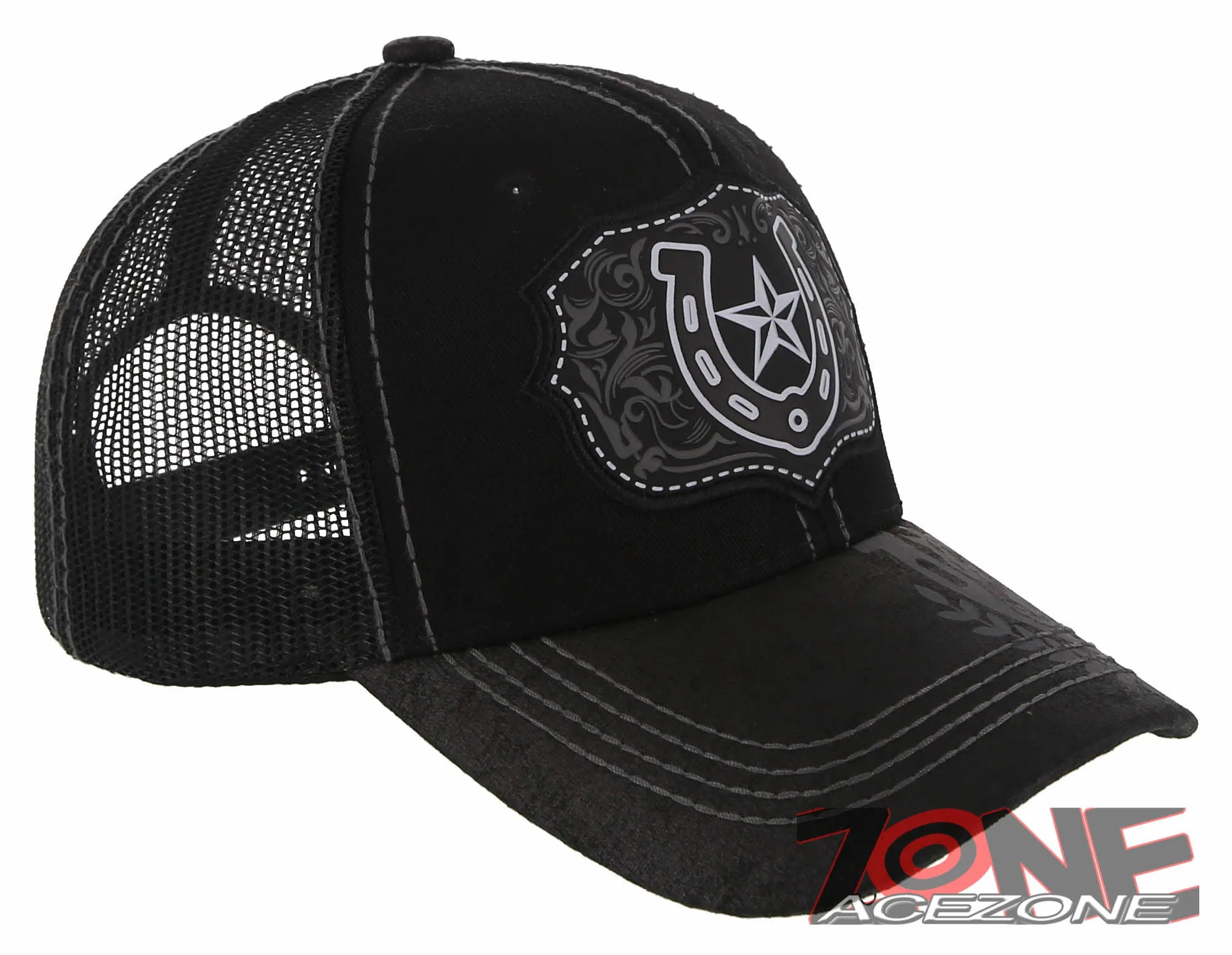 NEW! RODEO HORSE SHOE STAR MESH TRUCKER SNAPBACK BASEBALL CAP HAT BLACK