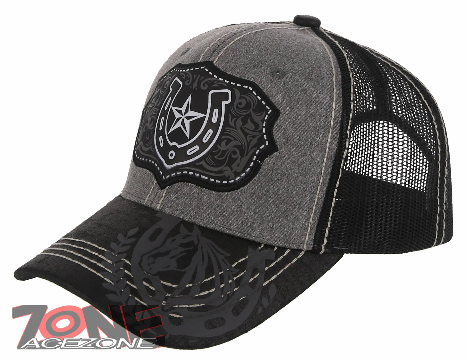 NEW! RODEO HORSE SHOE STAR MESH TRUCKER SNAPBACK BASEBALL CAP HAT GRAY BLACK