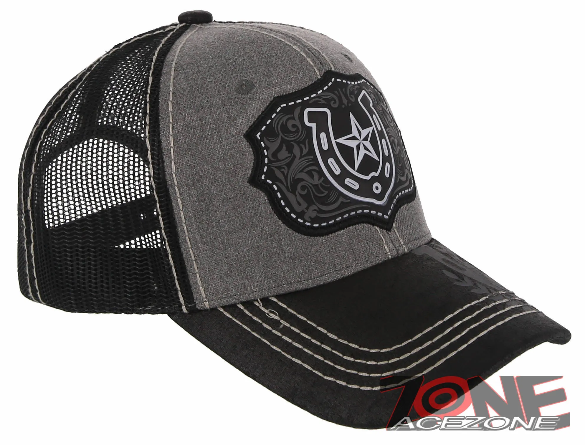 NEW! RODEO HORSE SHOE STAR MESH TRUCKER SNAPBACK BASEBALL CAP HAT GRAY BLACK