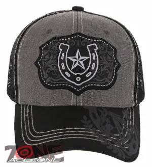 NEW! RODEO HORSE SHOE STAR MESH TRUCKER SNAPBACK BASEBALL CAP HAT GRAY BLACK