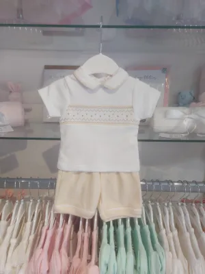 NEW SS25 Spanish Boys Smocked Shorts Set SG301 White/Beige