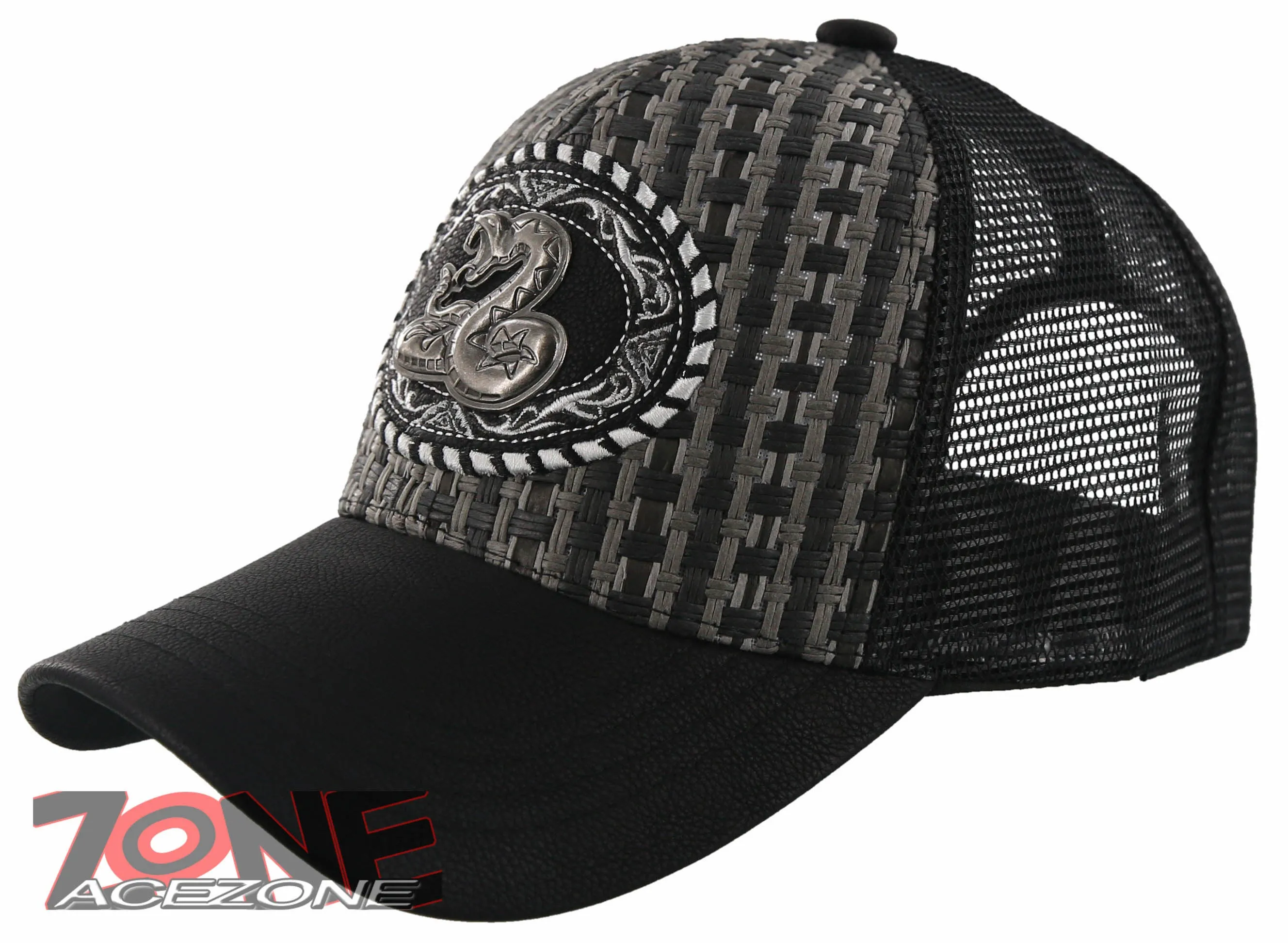 NEW! STRAW MESH METAL COBRA FAUX LEATHER BALL CAP HAT BLACK