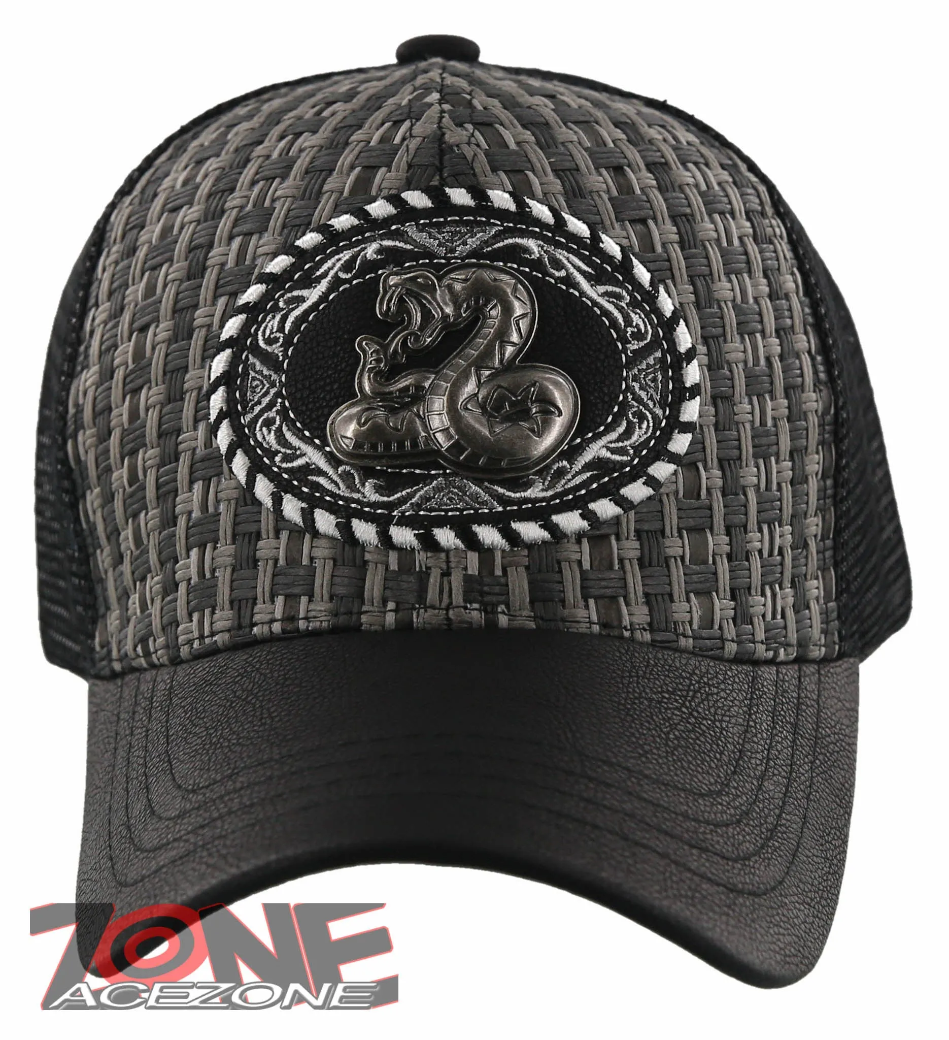NEW! STRAW MESH METAL COBRA FAUX LEATHER BALL CAP HAT BLACK