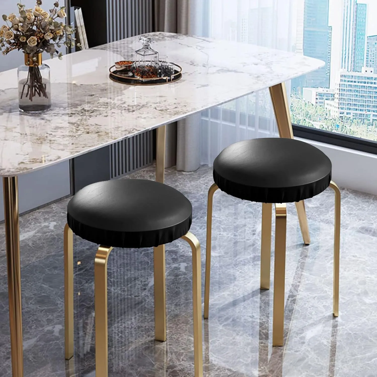 NEW YWNYT 6-Pack Elastic Round Stool Chair Cover, Waterproof PU Leather Anti-Slip Round Seat Cover Dustproof Washable Stool Cushion Slipcover for 13-18 Inch, Black