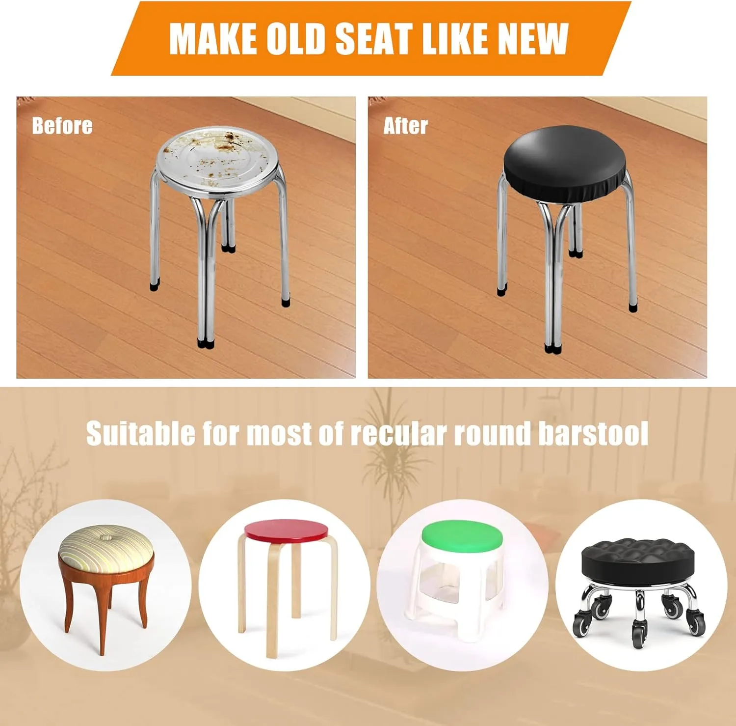 NEW YWNYT 6-Pack Elastic Round Stool Chair Cover, Waterproof PU Leather Anti-Slip Round Seat Cover Dustproof Washable Stool Cushion Slipcover for 13-18 Inch, Black