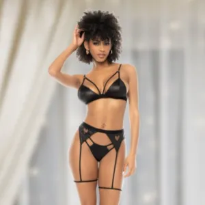NWT Black Faux Leather Underwire Bra, Garter Belt &amp; Thong Lingerie