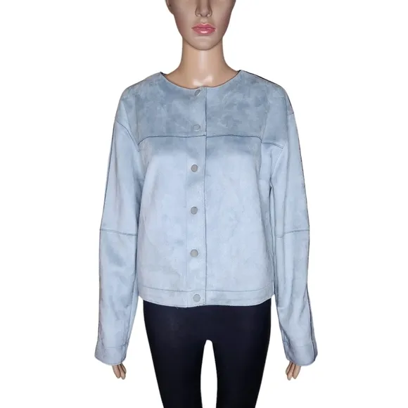 NWT Catherine Malandrino women's light blue faux leather mobwife jacket Medium