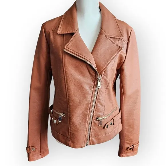NWT New York &amp; Company Brown Faux Leather Faux Fur Collar Jacket.  US Size L.