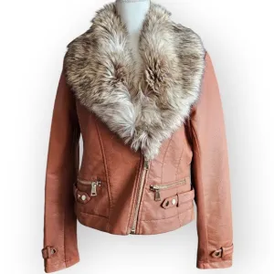 NWT New York &amp; Company Brown Faux Leather Faux Fur Collar Jacket.  US Size L.