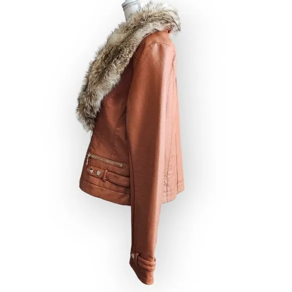 NWT New York &amp; Company Brown Faux Leather Faux Fur Collar Jacket.  US Size L.