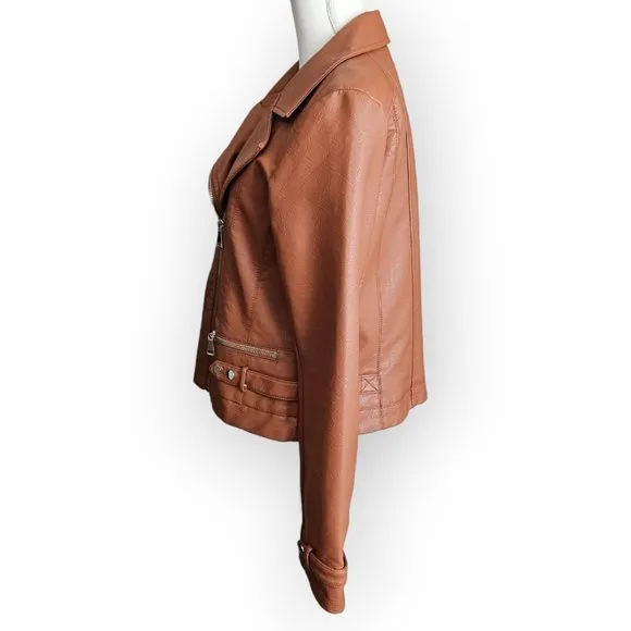 NWT New York &amp; Company Brown Faux Leather Faux Fur Collar Jacket.  US Size L.