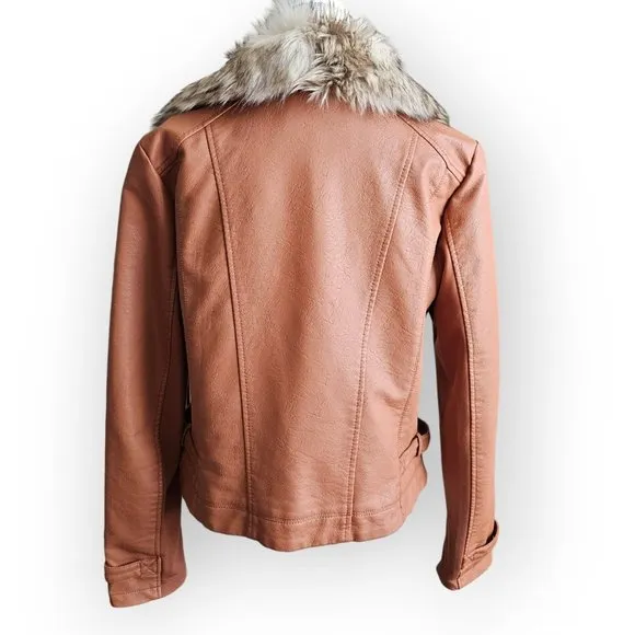 NWT New York &amp; Company Brown Faux Leather Faux Fur Collar Jacket.  US Size L.