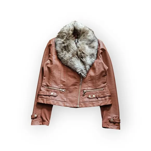 NWT New York &amp; Company Brown Faux Leather Faux Fur Collar Jacket.  US Size L.