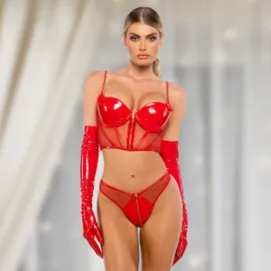 NWT Red Wet Look Faux Leather &amp; Mesh Bustier &amp; Thong Lingerie