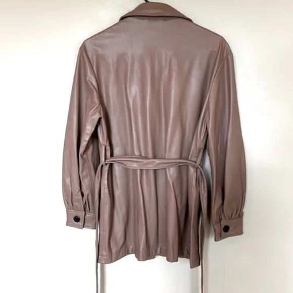 NWT Zara faux leather shirt jacket shacket belted caramel tan oversized XS