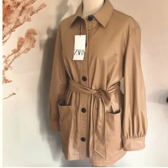NWT Zara faux leather shirt jacket shacket belted caramel tan oversized XS