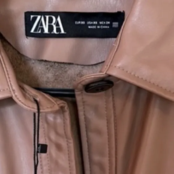NWT Zara faux leather shirt jacket shacket belted caramel tan oversized XS