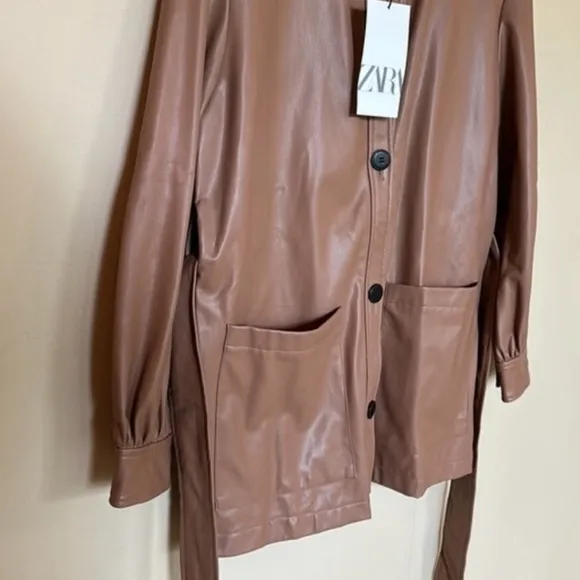 NWT Zara faux leather shirt jacket shacket belted caramel tan oversized XS