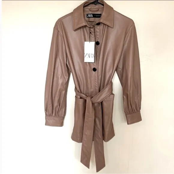 NWT Zara faux leather shirt jacket shacket belted caramel tan oversized XS