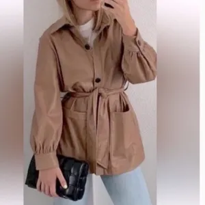 NWT Zara faux leather shirt jacket shacket belted caramel tan oversized XS