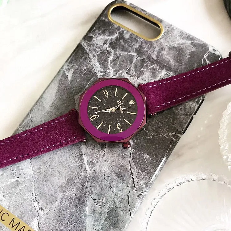 Octagonal Mirror Leather Strap Women's Watch