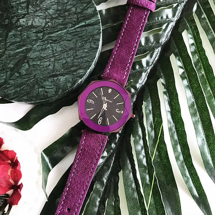 Octagonal Mirror Leather Strap Women's Watch
