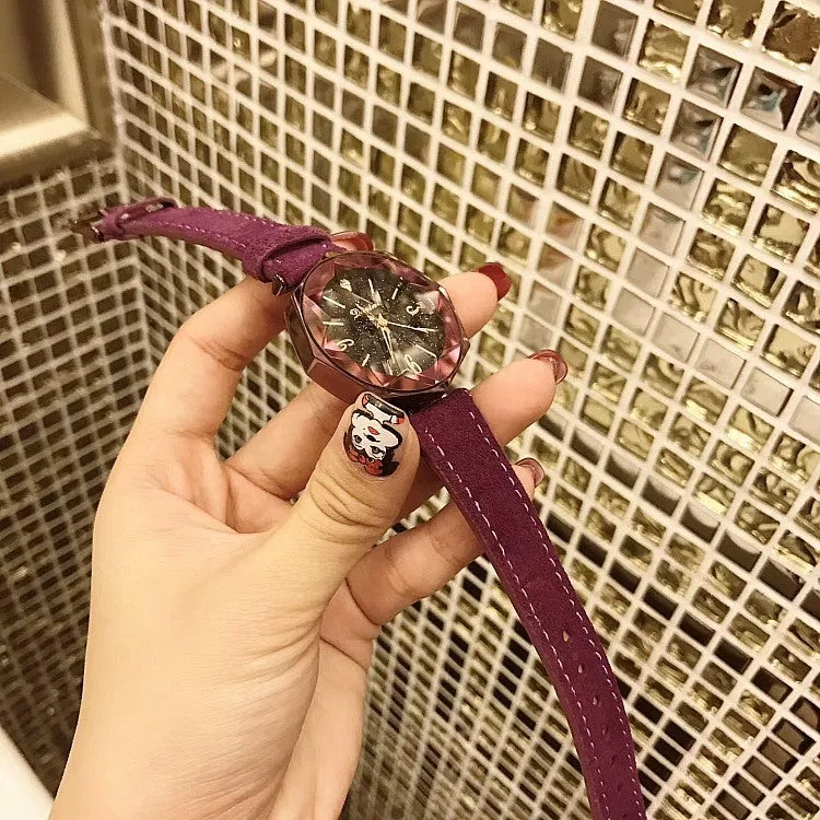 Octagonal Mirror Leather Strap Women's Watch