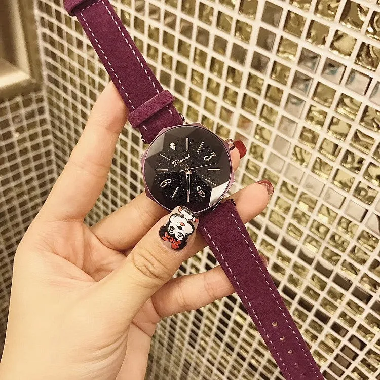 Octagonal Mirror Leather Strap Women's Watch