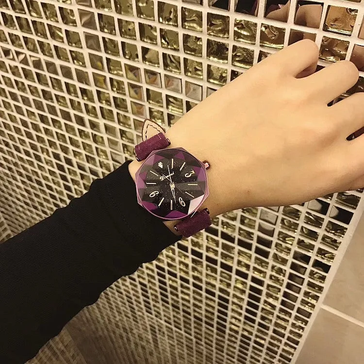 Octagonal Mirror Leather Strap Women's Watch