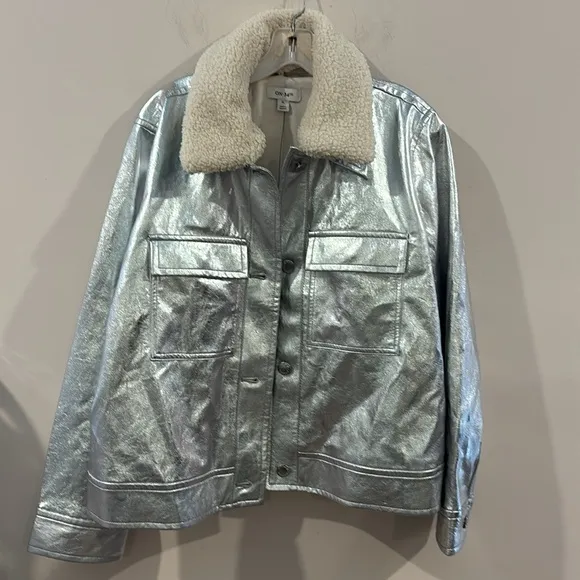 On 34th Women's Solid Metallic Faux-Leather Jacket with Faux-Sherpa Collar Sz XL