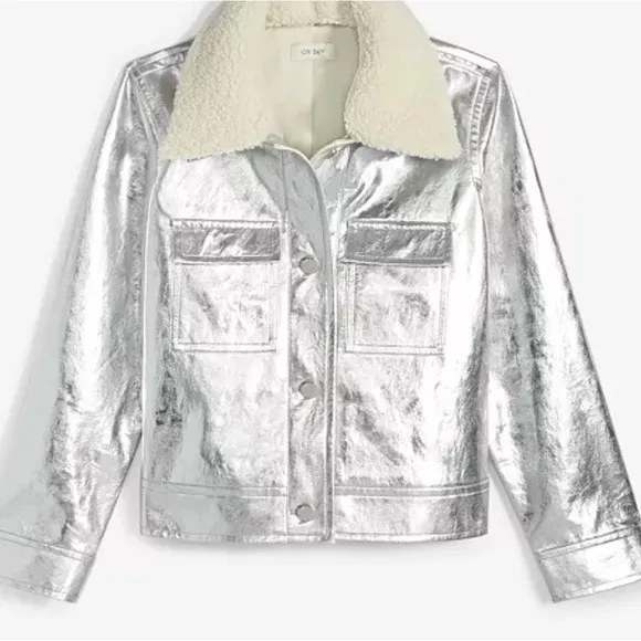 On 34th Women's Solid Metallic Faux-Leather Jacket with Faux-Sherpa Collar Sz XL