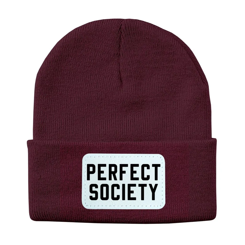 Perfect Society Solid Knit Beanie with Rectangle Leather Patch