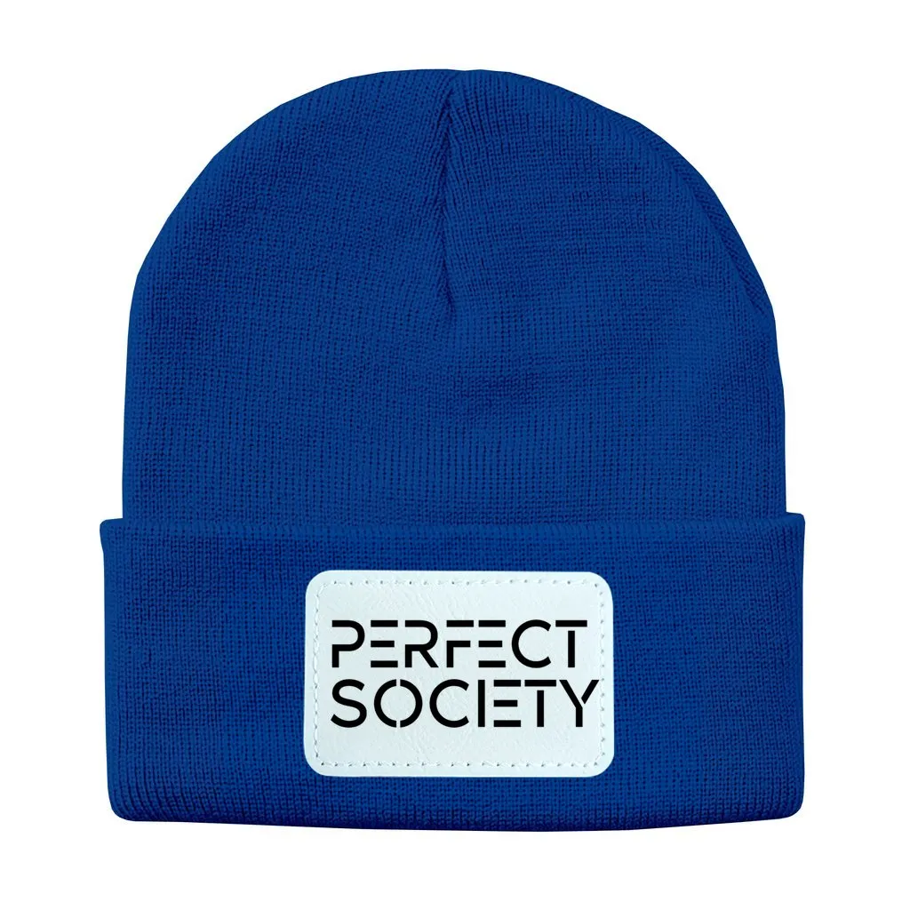 Perfect Society Solid Knit Beanie with Rectangle Leather Patch