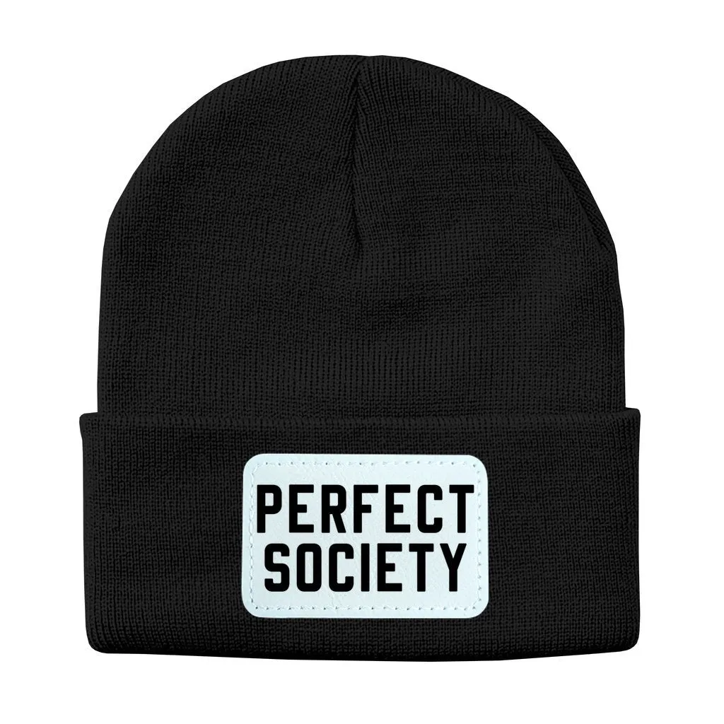 Perfect Society Solid Knit Beanie with Rectangle Leather Patch