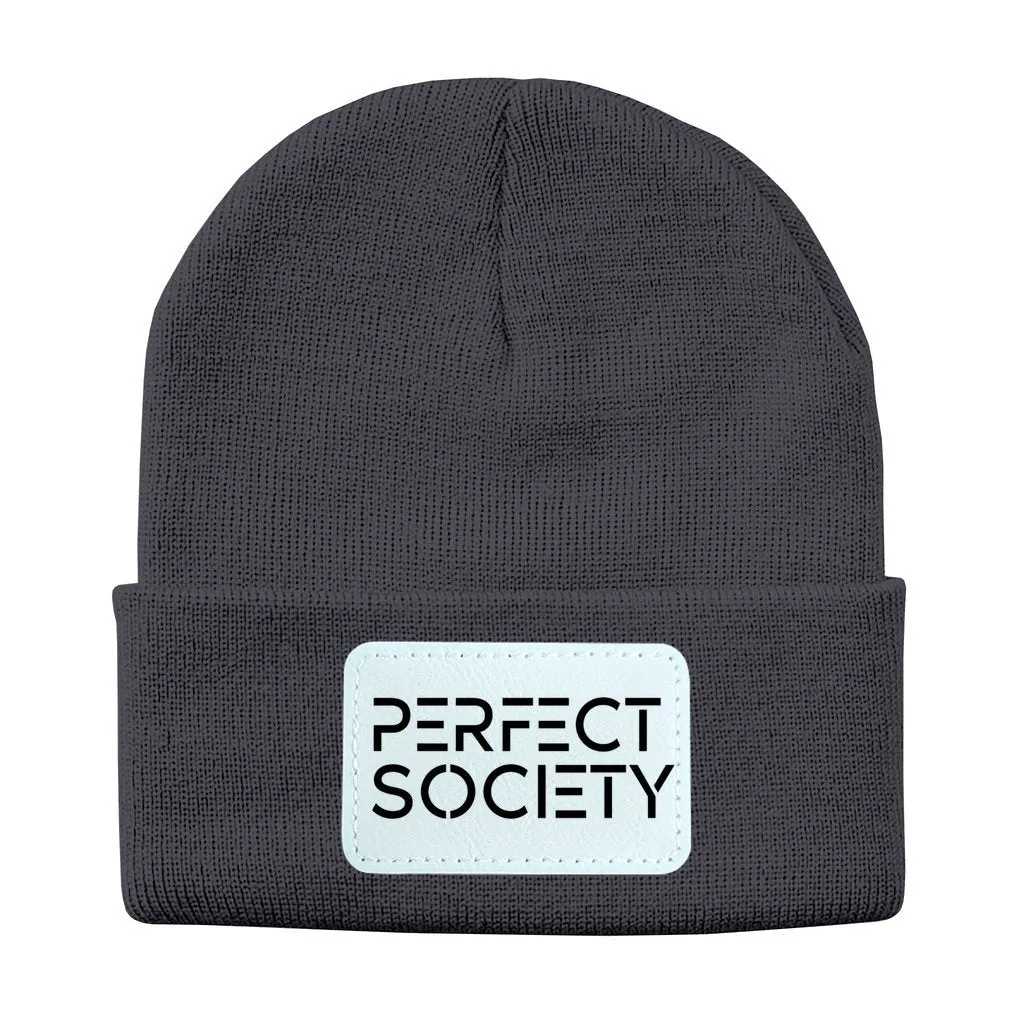 Perfect Society Solid Knit Beanie with Rectangle Leather Patch